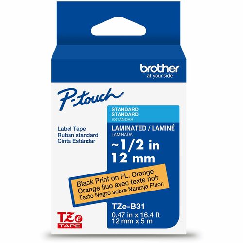 Brother  Label Tape,Lamin,f/P-touch,0.47"x26.2',BlackonFlu.Orange