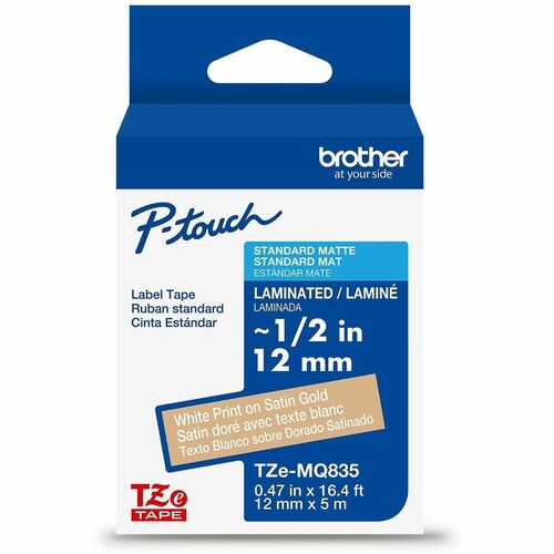 Brother  Label Tape,Laminated,f/P-touch,0.47"x26.2',WhiteonSatinGold