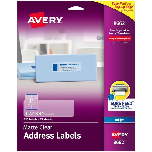Avery  Inkjet Mailing Labels, Address, 1-1/3"x4", 350/PK, Clear