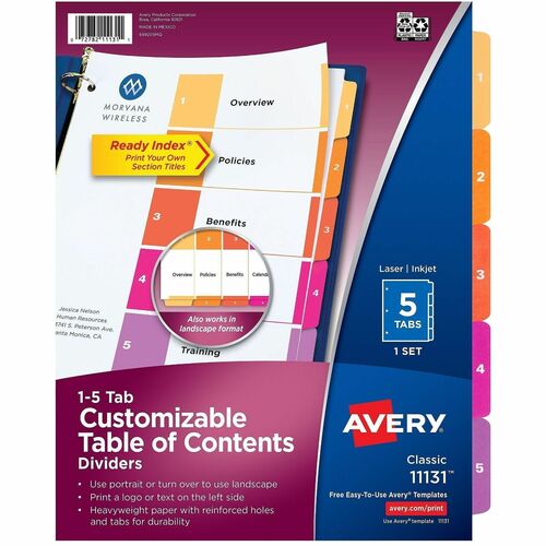 Avery  Ready Index Dividers,TOC,1-5 Tab,3HP,8-1/2"x11",1 ST,Multi