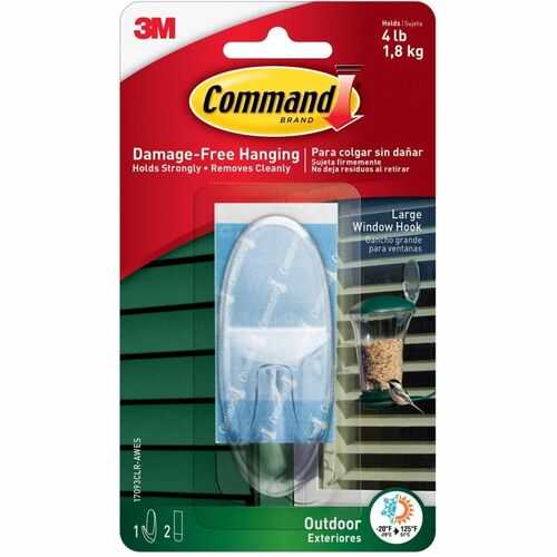 3M  All Weather Hooks and Strips, Large, Plastic, Clear, 4 lb Capacity, 1 Hook and 2 Strips/Pack