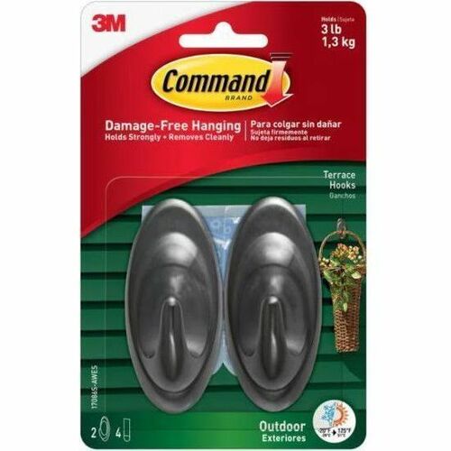 3M  All Weather Hooks and Strips, Medium, Plastic, Slate, 3 lb Capacity, 2 Hooks and 4 Strips/Pack