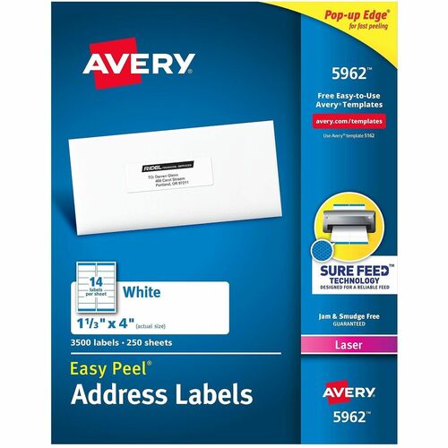 Avery  Laser Labels, Mailing, 1-1/3"x4", 3500/BX, White