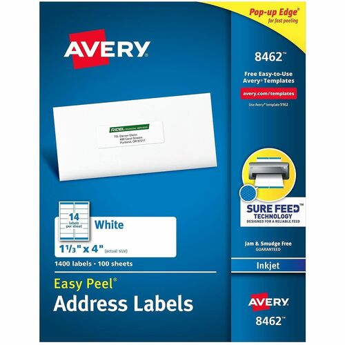 Avery  Inkjet Labels, Mailing, 1-1/3"x4",1400/BX, White