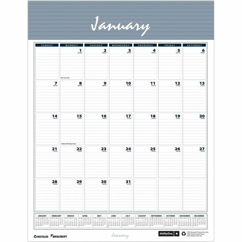 SKILCRAFT  Monthly Calendar,12 Month,f/Wall,Vert.,15.5"x22".Jan-Dec,WT