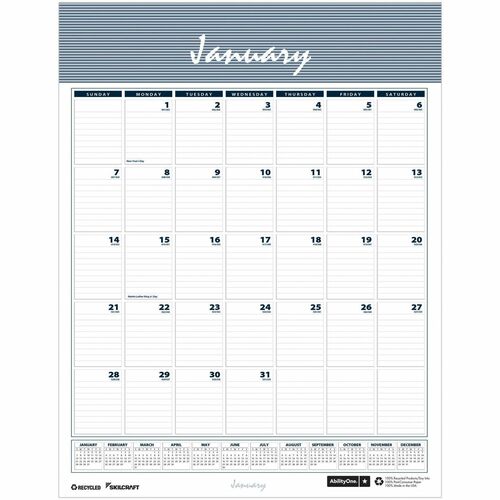 SKILCRAFT  Monthly Calendar,12 Month,f/Wall,Vert.,12"x17".Jan-Dec,WT