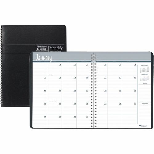 SKILCRAFT  Monthly Planner,14 Month,Wire-Bound,6.9" x 8.75",Dec-Jan,BK
