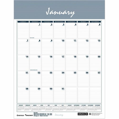 SKILCRAFT  Monthly Calendar,12 Month,f/Wall,Vert.,8.5"x11".Jan-Dec,WT