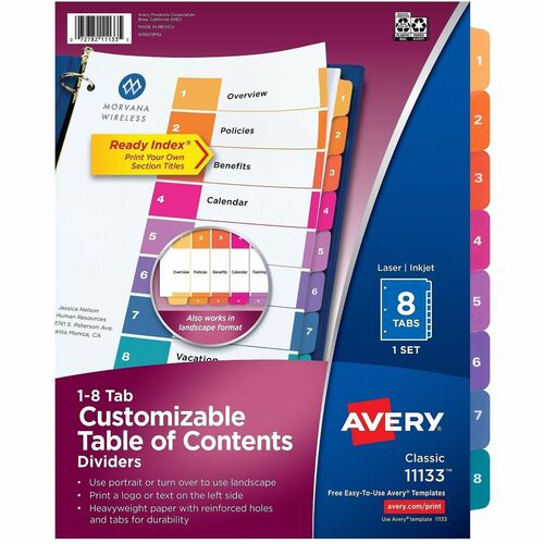 Avery  Ready Index Dividers,TOC,1-8 Tab,3HP,8-1/2"x11",1 ST,Multi