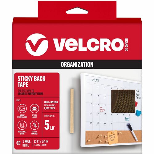 Velcro Industries  Hook and Loop Tape, Roll, Sticky Back, 3/4"x15', Beige