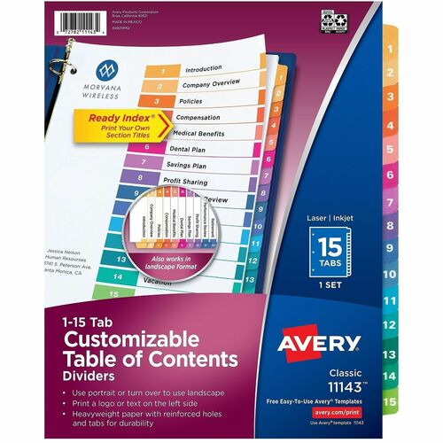 Avery  Ready Index Dividers,TOC,1-15 Tab,3HP,8-1/2"x11",1 ST,Multi