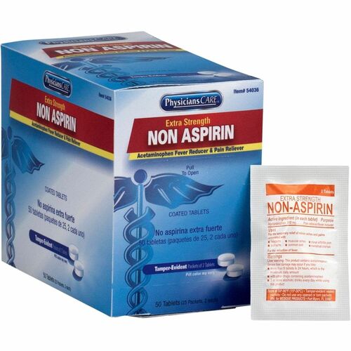 First Aid Only, Inc  Pain Reliever,NonAsprin,ExtraStrength,Acetaminophen,50/BX,BE-FAO54036