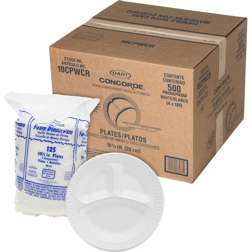 Dart Container Corp  Plates,3 Compartments,Unlaminated Foam,10",125/BG,4/CT,WE