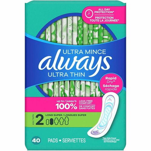 Procter & Gamble Commercial  MenstrualPads,UltraThin,Size2,LongSuper,NoWings,40/PK,Green