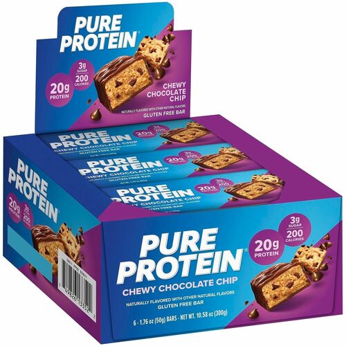 Pure Protein  Protein Bars,w/20gProtein,LowSugar,ChocChip,6/Box,Brown