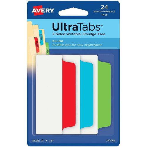 Avery  Tabs,Ultra,Repositionable,Wide&Slim,1/3Cut,3"x15",24/ST,AST