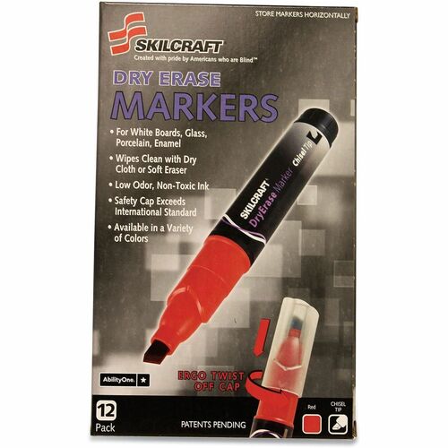 SKILCRAFT  Dry Erase Marker, Broad Chisel Tip, Red, Dozen
