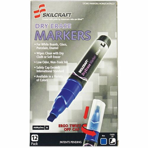 SKILCRAFT  Dry Erase Marker, Broad Chisel Tip, Blue, Dozen