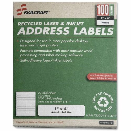 SKILCRAFT  Address Labels, 1"x4", 20 Labels/Sheet,100/BX, White