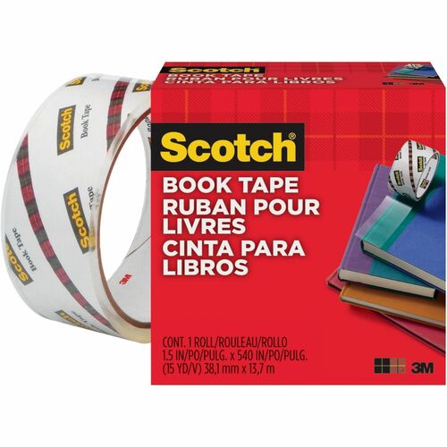 3M  Book Tape, 3" Core Size, 1-1/2" x 15 Yards, Clear