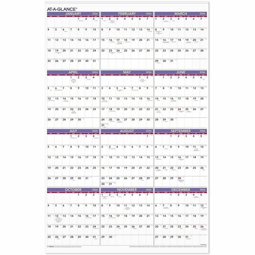AT-A-GLANCE  Yearly Wall Calendar, 12 Mths Jan-Dec, 24"x36", BE/RD Ink
