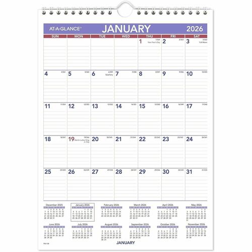 AT-A-GLANCE  Wall Calendar,Monthly,1PPM,Jan-Dec,8"x11",BE/WE