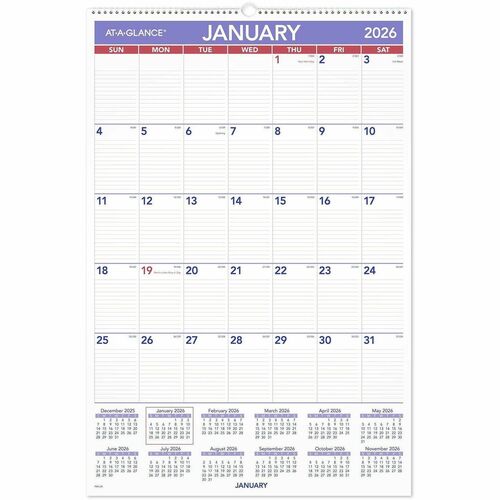 AT-A-GLANCE  Wall Calendar,Monthly,1PPM,Jan-Dec,20"x30",BE/WE