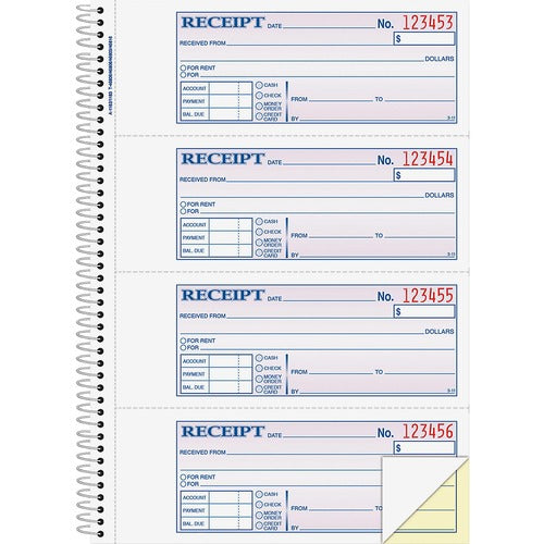 Adams  Money Receipt Book,Spiral,2-Part,7-5/8"x11",200 Sht,WE/CA