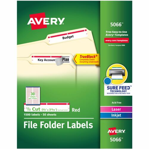 Avery  Labels, Filing, TrueBlock, 1/3 Cut, 1500/BX, Red