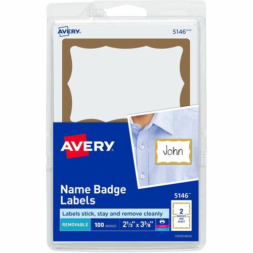 Avery  Name Badge Labels, 2-11/32"x3-3/8", 100/PK, Gold Border