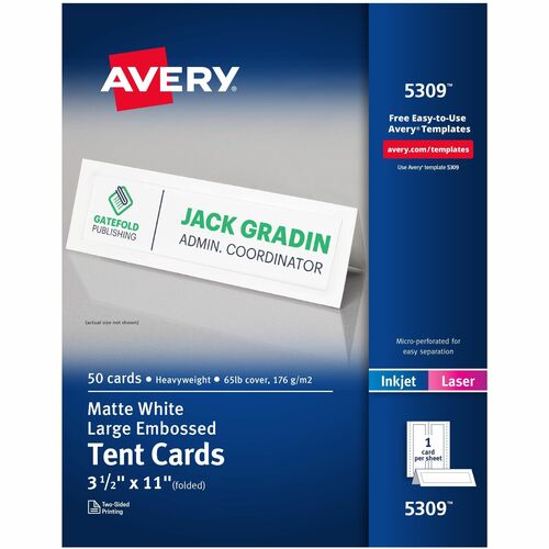 Avery  Laser/Inkjet Tent Cards,Large,Perforated,3-1/2"x11",50/BX,WE