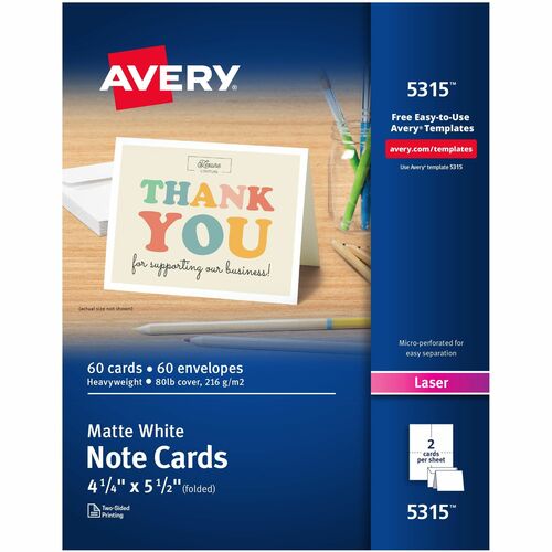 Avery  Note Cards,Laser,Envelopes, 4-1/4"x5-1/2", 60/BX, WE