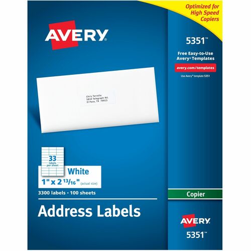 Avery  Copier Label, Mailing, 1"x2-13/16", 3300/BX, White