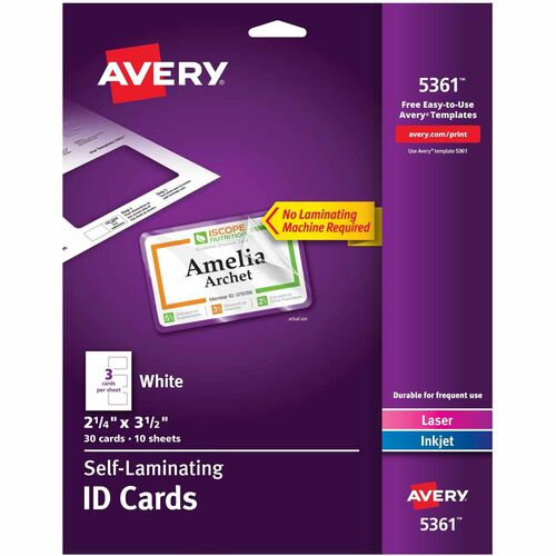 Avery  Laminated Laser/Inkjet ID Cards, 2-1/4"x3-1/2", 30/BX, White