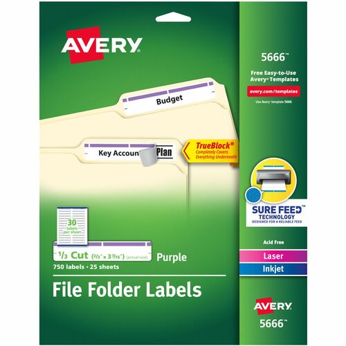 Avery  Labels, Filing, TrueBlock, 1/3 Cut, 750/PK, Purple
