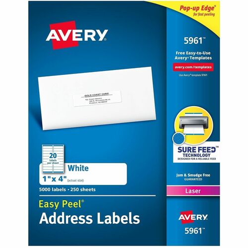 Avery  Laser Labels, Mailing, 1"x4", 5000/BX, White