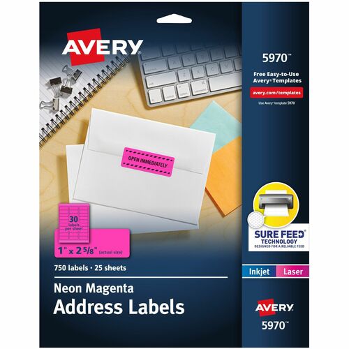 Avery  Address Labels, Laser, 1"x2-5/8", 750/PK, Neon Magenta