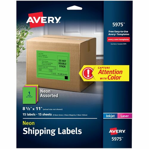 Avery  Neon Laser Labels, Rectangle, 8-1/2"x11", 15/PK, Assorted