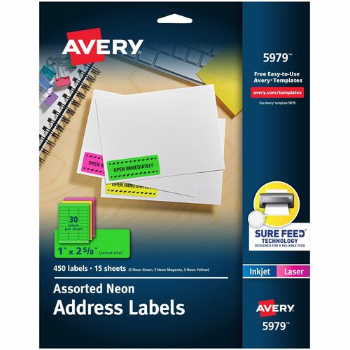 Avery  Address Labels, Laser, 1"x2-5/8", 450/PK, Neon AST