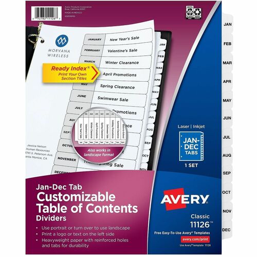 Avery  Table of Contents Dividers, Jan-Dec, 8-1/2"x 11, Black/White