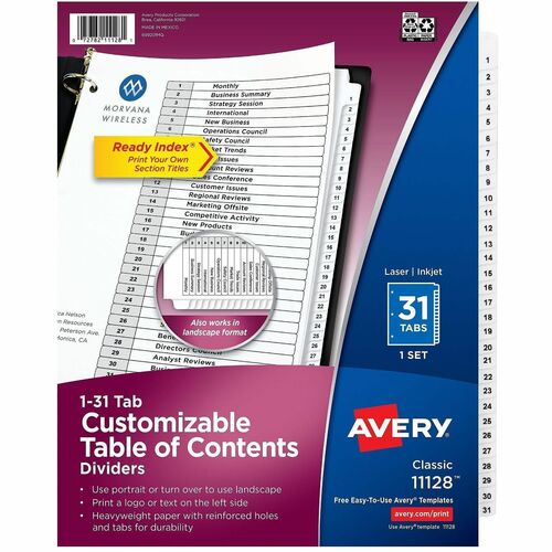 Avery  Index Dividers, 1-31 Tab, 8-1/2"x11", 1 ST, BK/WE