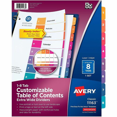 Avery  Index Dividers,Extra Wide,TOC, 3HP, 9.25"x11", 1-8 Tab/ST,MI