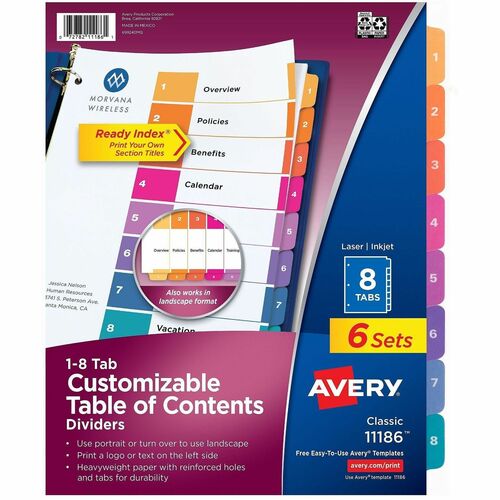 Avery  Ready Index Dividers, TOC,1-8 Tab,3HP,8-1/2"x11",6/PK,Multi