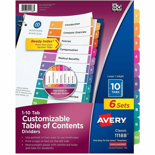Avery  Ready Index Dividers,TOC,1-10 Tab,3HP,8-1/2"x11",6/PK,Multi