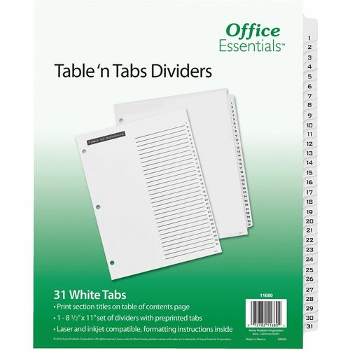 Avery  Table 'N Tab Dividers, 1-31, Black/White, 1 Set
