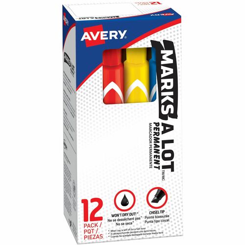 Avery  Permanent Markers,Chisel Tip,12/PK, BK/RD/BE/GN/BN/YW/PE/OE