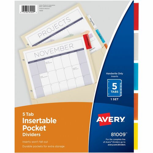 Avery  Insertable Divider,Pocket/Tabs,5/Tabs,8-7/8"x11",AST