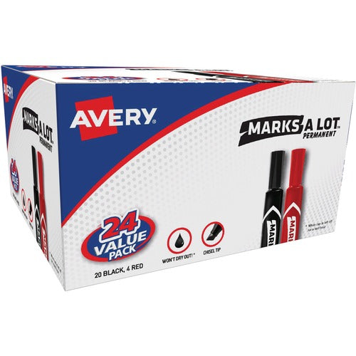 Avery  Permanent Markers Value Pack, Chisel Tip, 24/BX, 4Red/20BK