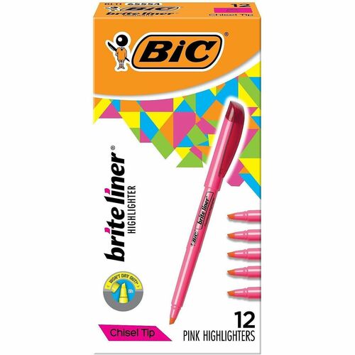 Bic  Highlighter, w/Clip, Chisel Point, Nontoxic, Pink