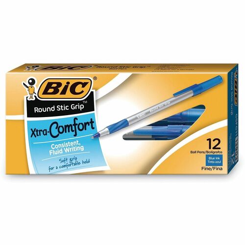 Bic  Round Stic Pens,Comfort Grip,Fine Point,1DZ,GY Barrel/BE Ink